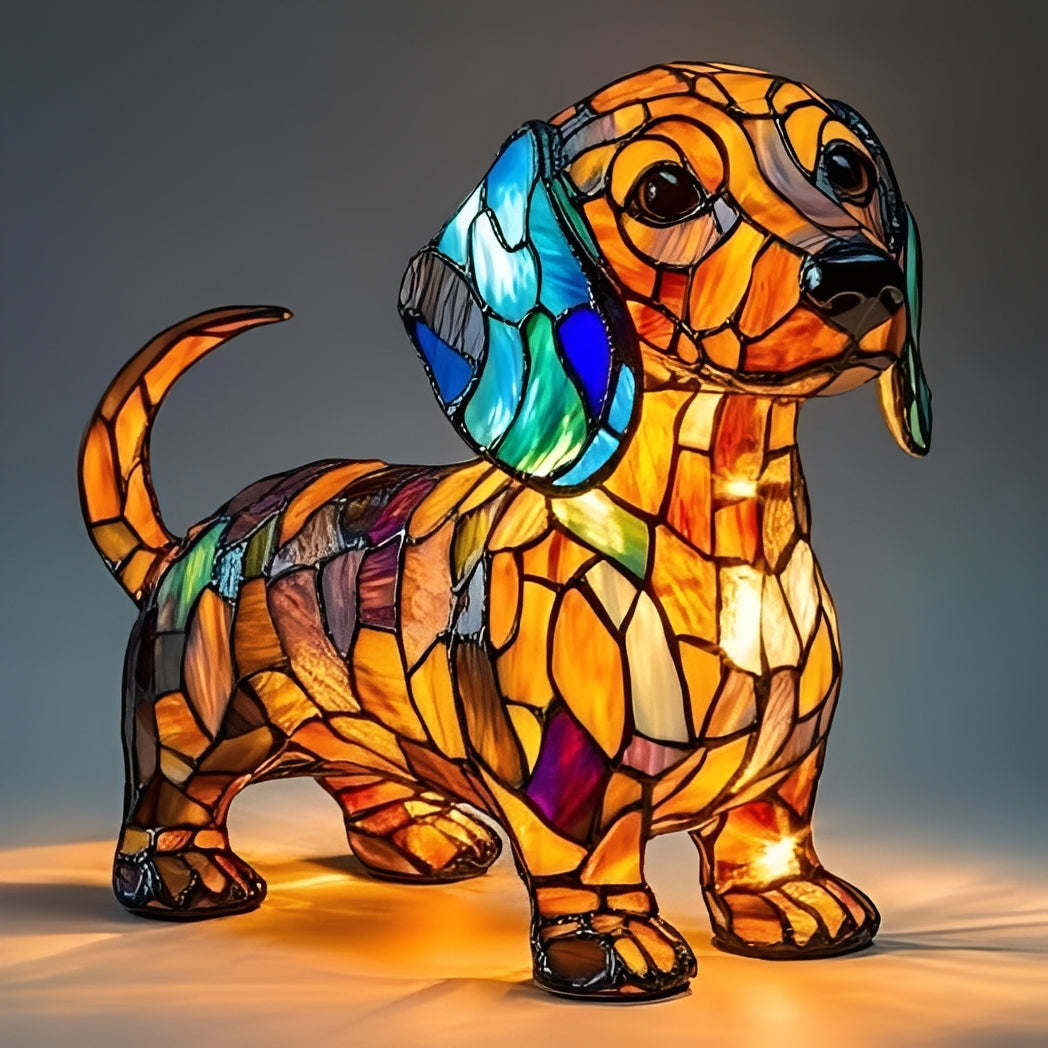 Stained Glass Dog Lamp with Mosaic Panels and Art Deco Design