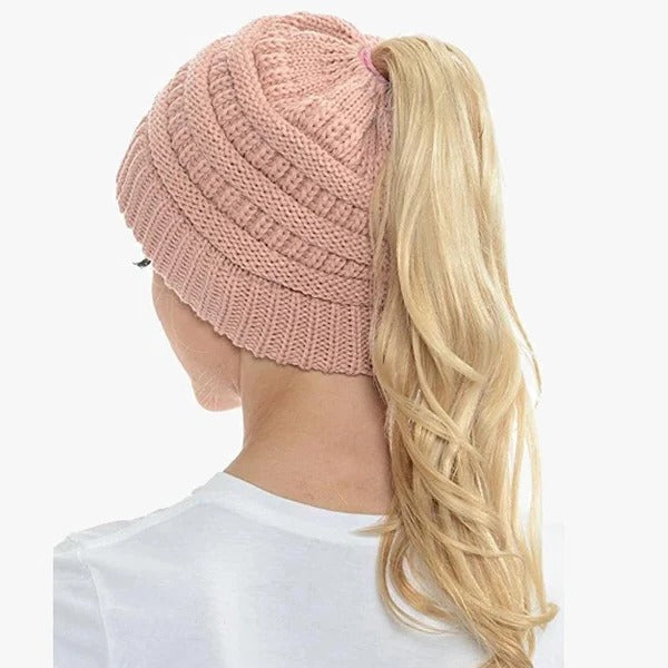 Messy Bun Beanie For Women Solid Ribbed Ponytail Hat Cap