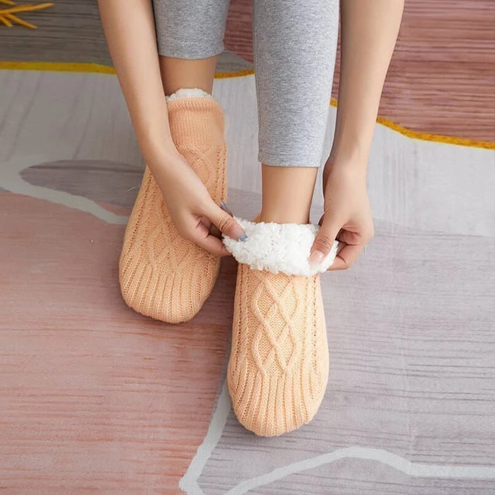 Fleece Thermal Socks with Silicone Grip and Calf Coverage for Indoor Wear
