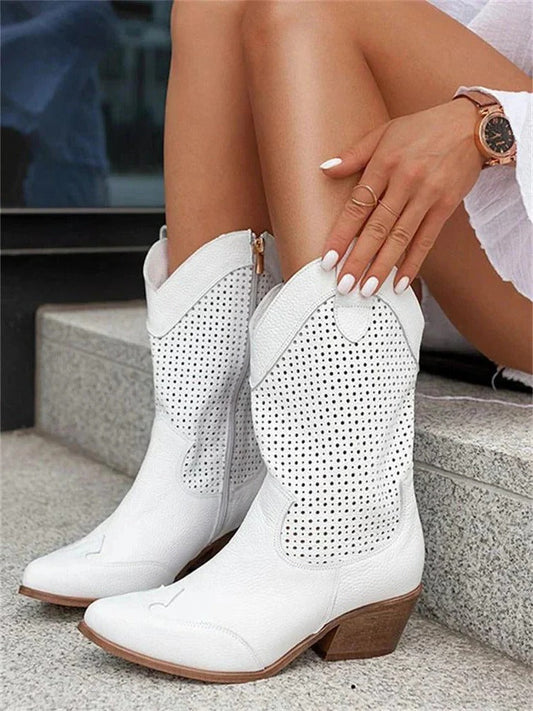 Mid Calf Cowboy Boots with Side Zipper and Closed Toe
