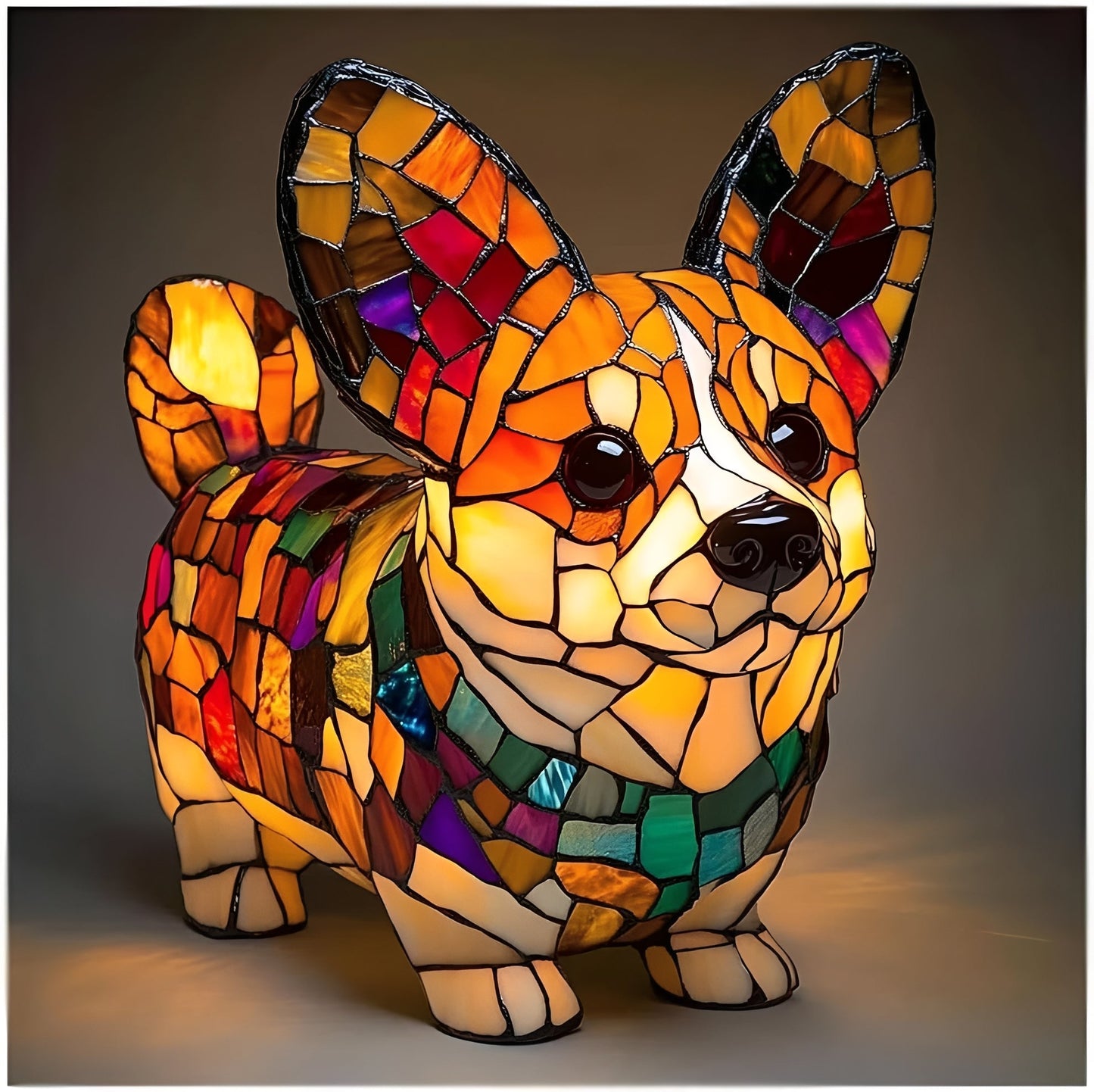 Stained Glass Dog Lamp with Mosaic Panels and Art Deco Design