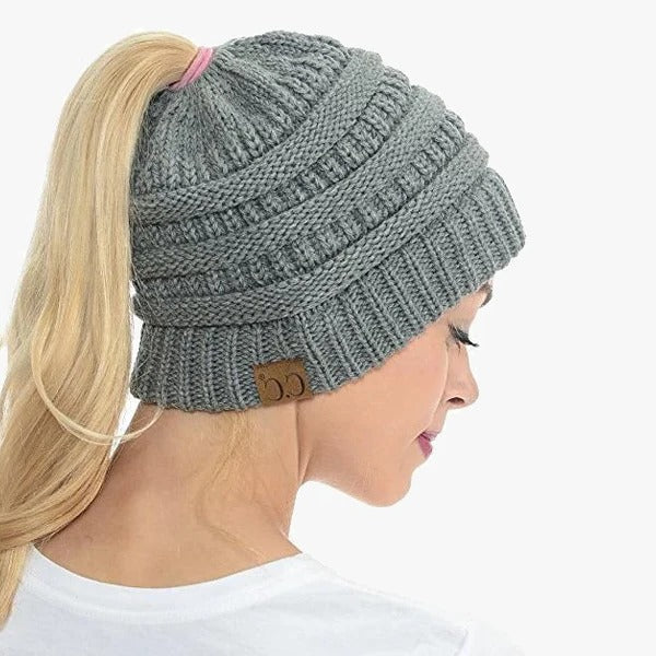 Messy Bun Beanie For Women Solid Ribbed Ponytail Hat Cap