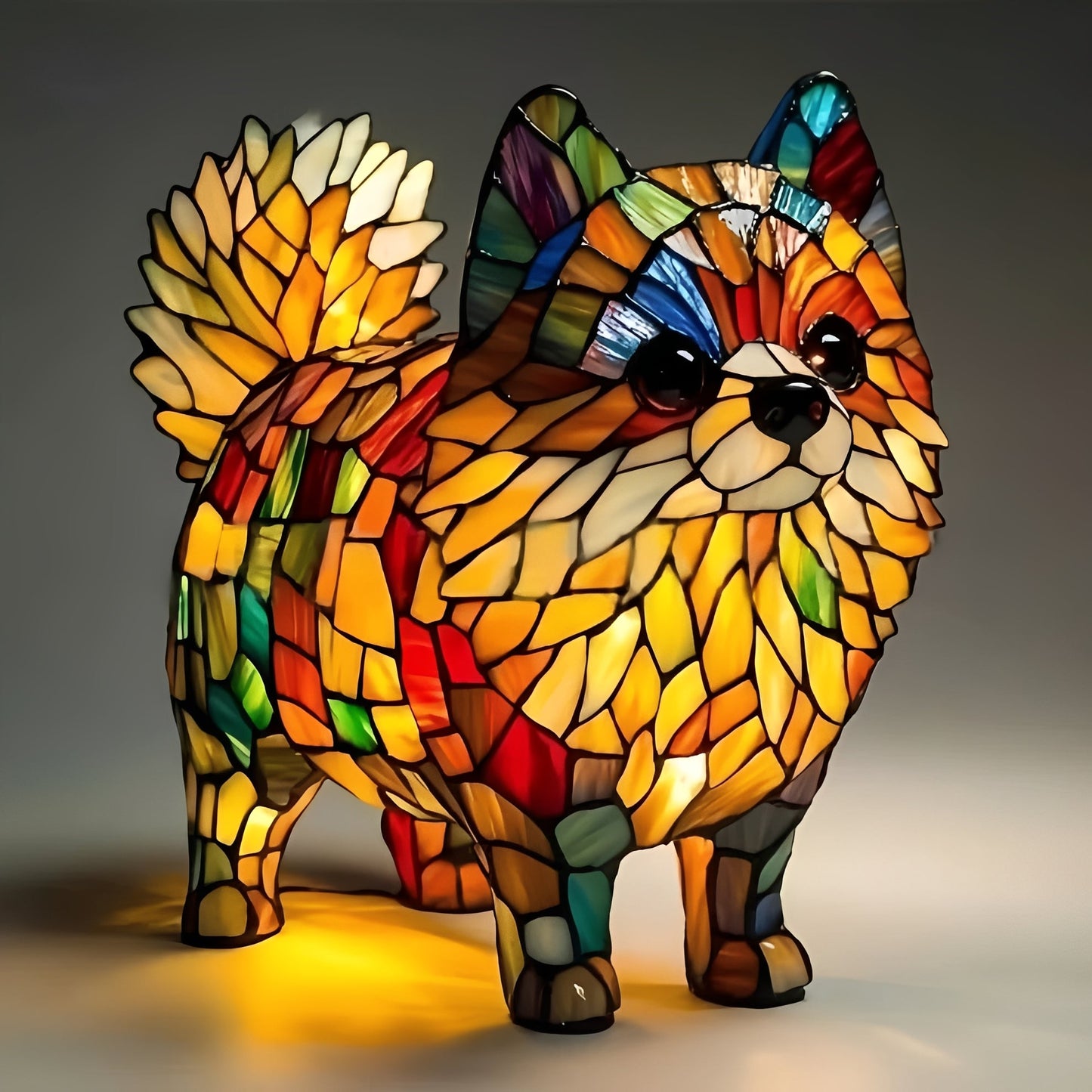 Stained Glass Dog Lamp with Mosaic Panels and Art Deco Design