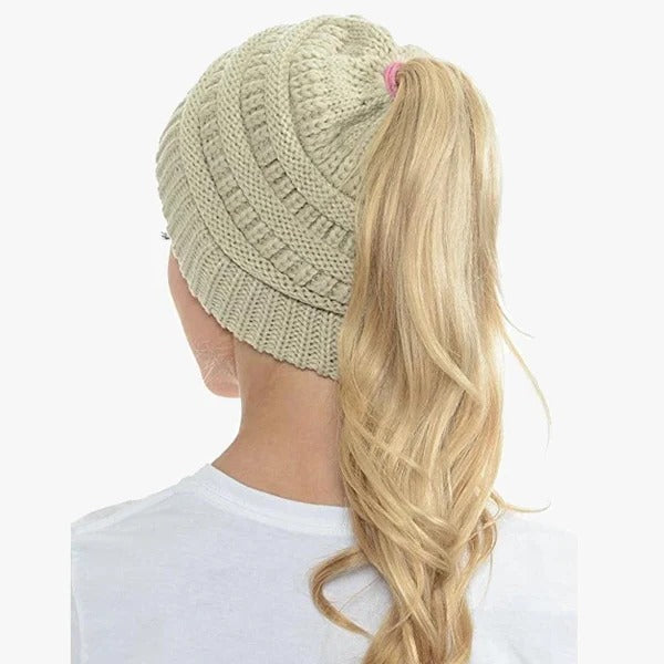 Messy Bun Beanie For Women Solid Ribbed Ponytail Hat Cap