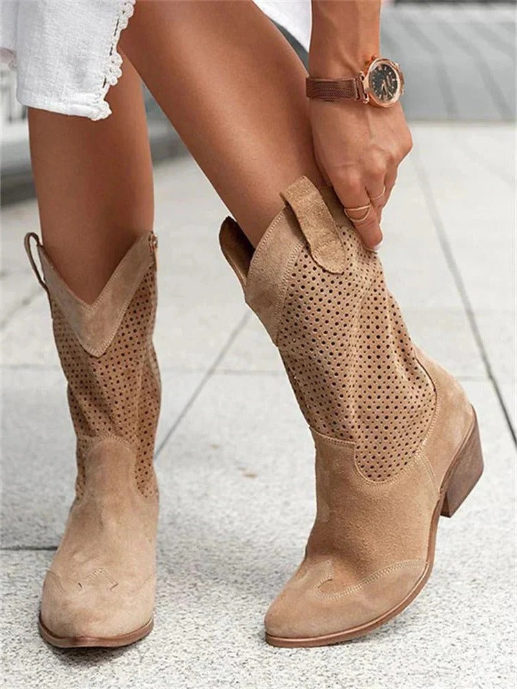 Mid Calf Cowboy Boots with Side Zipper and Closed Toe