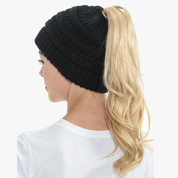 Messy Bun Beanie For Women Solid Ribbed Ponytail Hat Cap