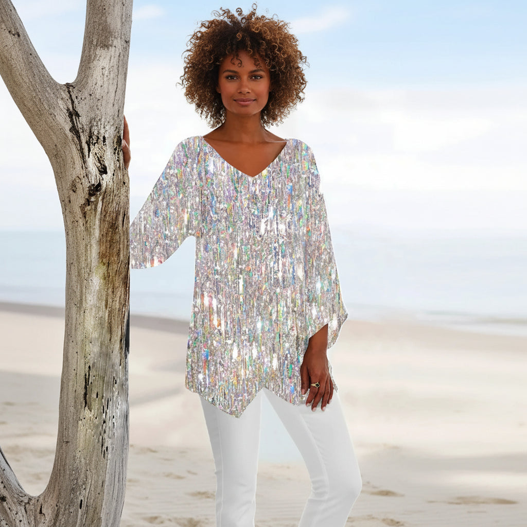 Women's V-Neck Top with Vintage Design, Machine Washable