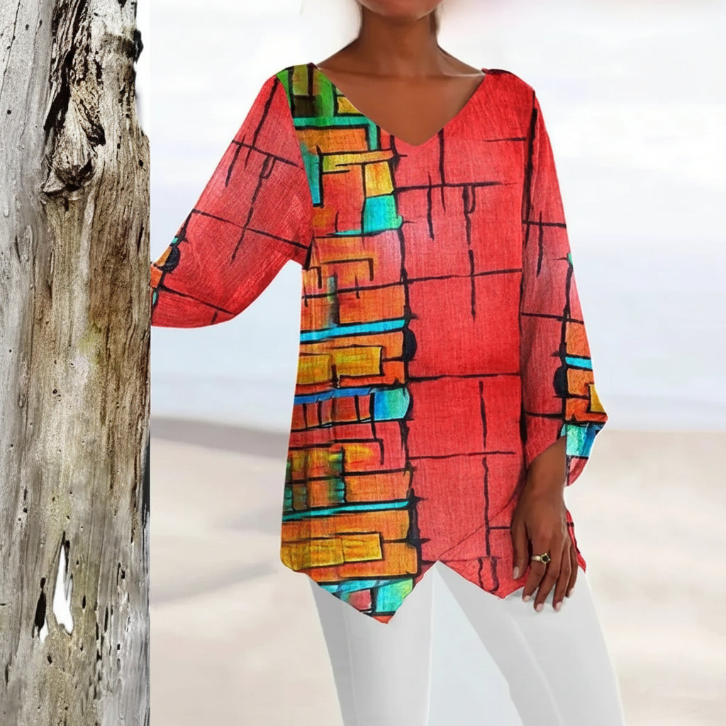 Women's V-Neck Top with Vintage Design, Machine Washable