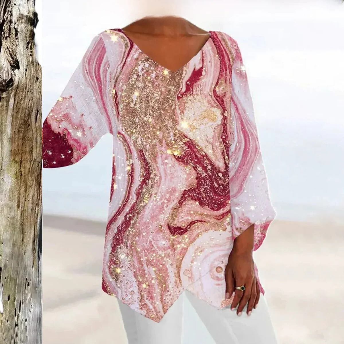 Women's V-Neck Top with Vintage Design, Machine Washable