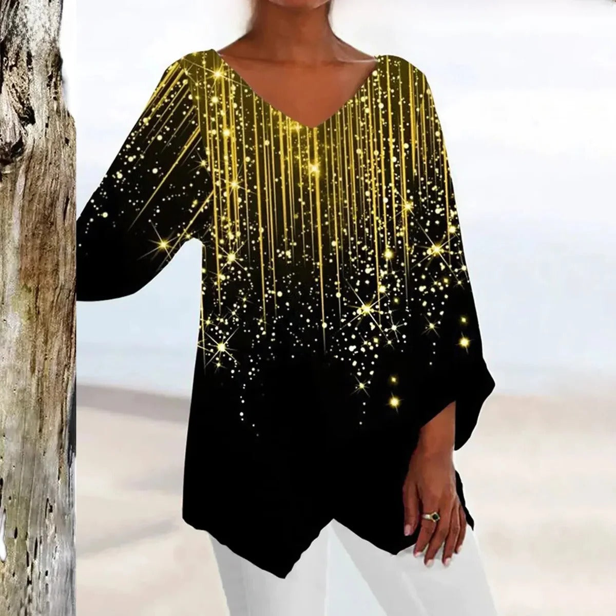 Women's V-Neck Top with Vintage Design, Machine Washable
