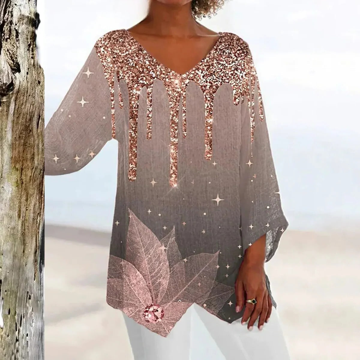 Women's V-Neck Top with Vintage Design, Machine Washable