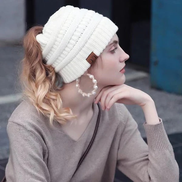 Messy Bun Beanie For Women Solid Ribbed Ponytail Hat Cap