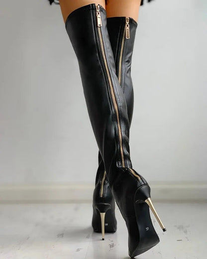 Stretch Over-The-Knee Boots with Gold Heel and Back Zipper