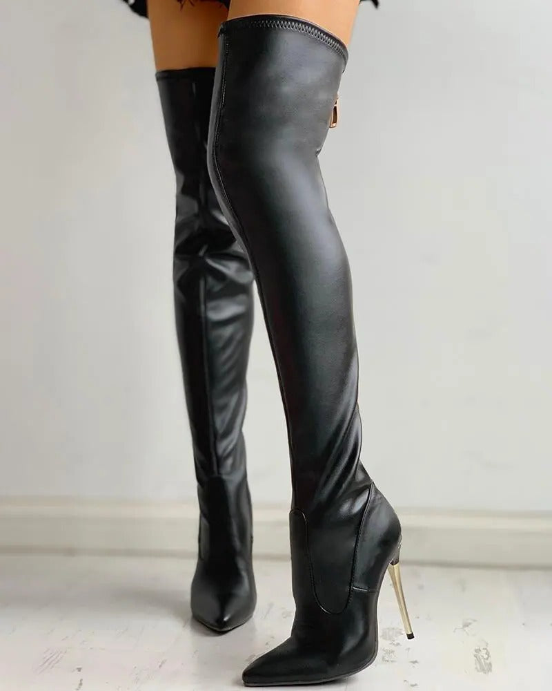 Stretch Over-The-Knee Boots with Gold Heel and Back Zipper
