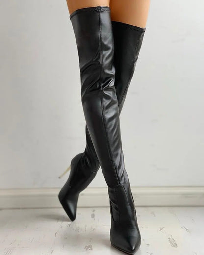 Stretch Over-The-Knee Boots with Gold Heel and Back Zipper