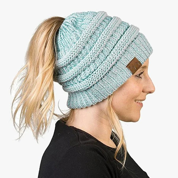 Messy Bun Beanie For Women Solid Ribbed Ponytail Hat Cap