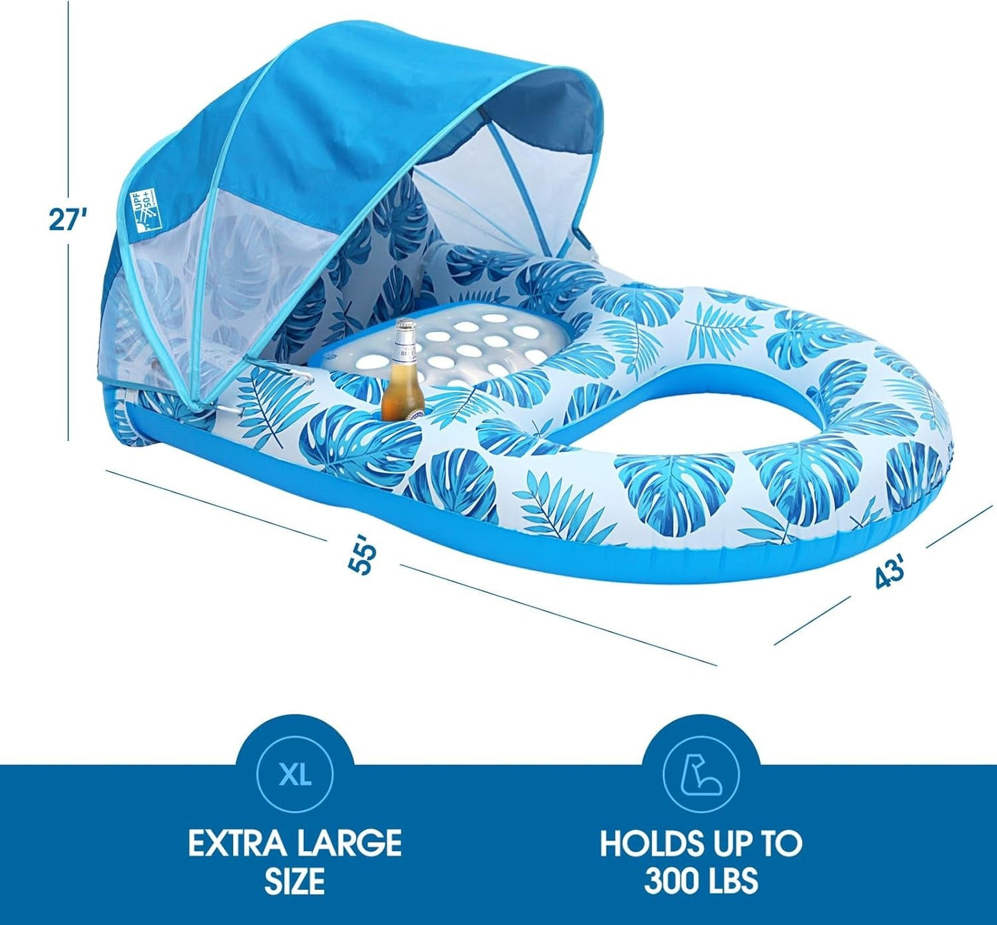 Inflatable Pool Lounger with Adjustable Canopy and Cup Holder, 300lb Capacity