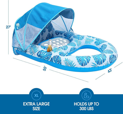 Inflatable Pool Lounger with Adjustable Canopy and Cup Holder, 300lb Capacity