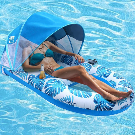 Inflatable Pool Lounger with Adjustable Canopy and Cup Holder, 300lb Capacity
