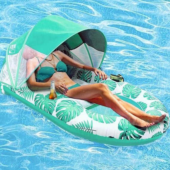 Inflatable Pool Lounger with Adjustable Canopy and Cup Holder, 300lb Capacity