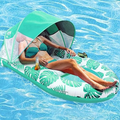 Inflatable Pool Lounger with Adjustable Canopy and Cup Holder, 300lb Capacity