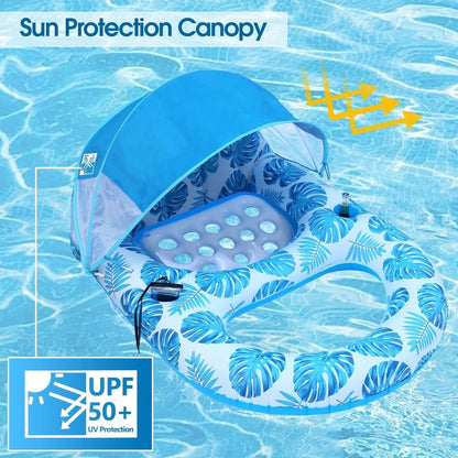 Inflatable Pool Lounger with Adjustable Canopy and Cup Holder, 300lb Capacity