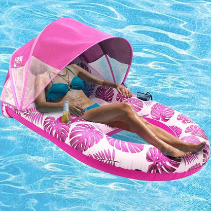 Inflatable Pool Lounger with Adjustable Canopy and Cup Holder, 300lb Capacity