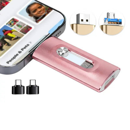 Multi Device Flash Drive with Triple Connectors and File Compression for Phones, Tablets, Computers