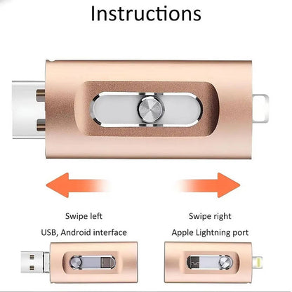 Multi Device Flash Drive with Triple Connectors and File Compression for Phones, Tablets, Computers