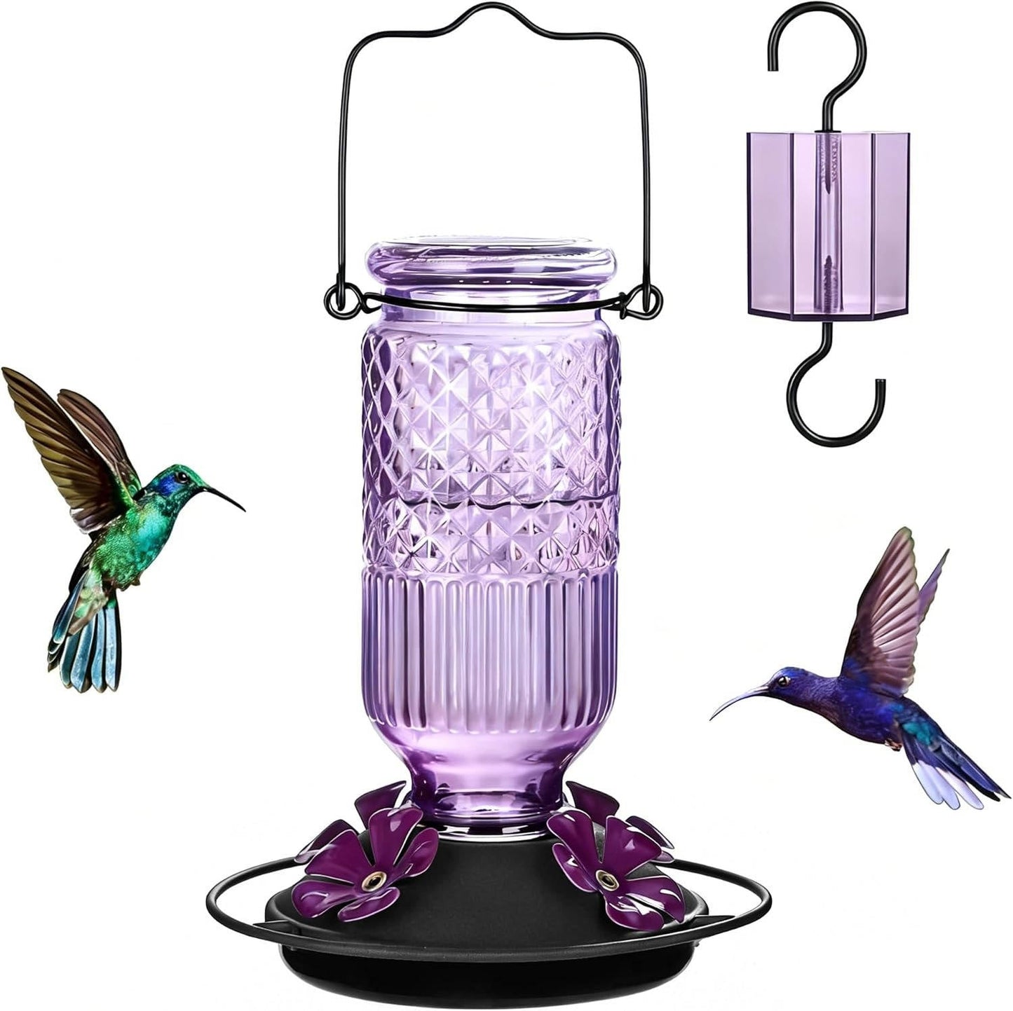 Hummingbird Feeder with Bee Guard Ports and Built-In Ant Moat, 16oz Glass