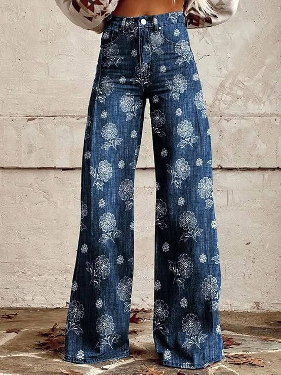Floral Bell Bottom Pants for Women with High Waist Design