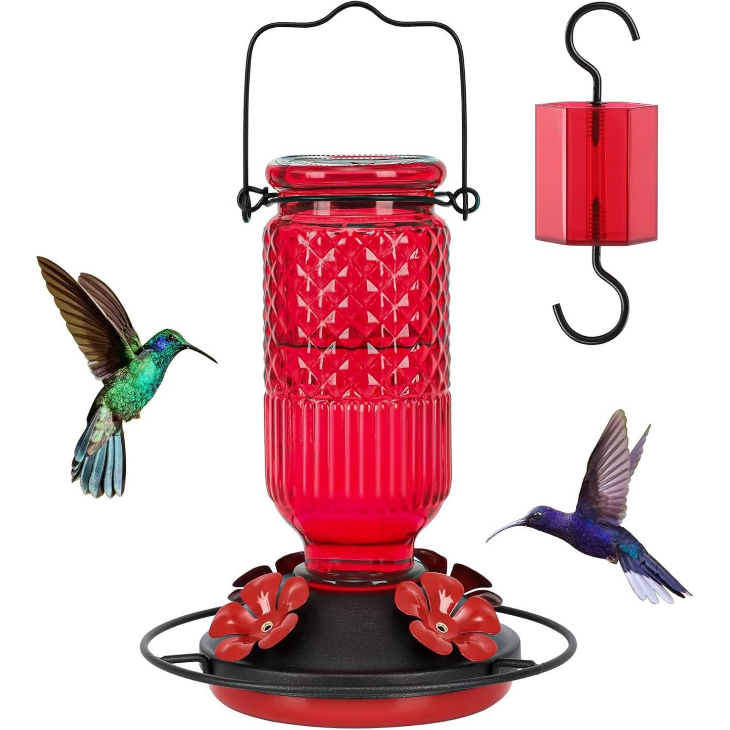 Hummingbird Feeder with Bee Guard Ports and Built-In Ant Moat, 16oz Glass
