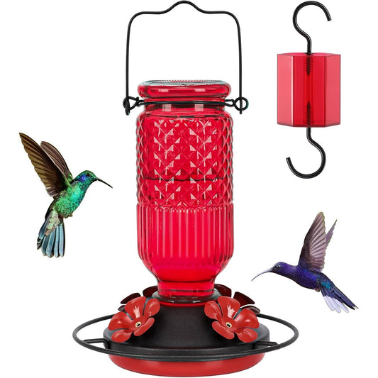 Hummingbird Feeder with Bee Guard Ports and Built-In Ant Moat, 16oz Glass