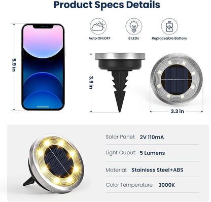 Solar Ground Lights 10 Pack with Dusk to Dawn Sensor and Stainless Steel Housing