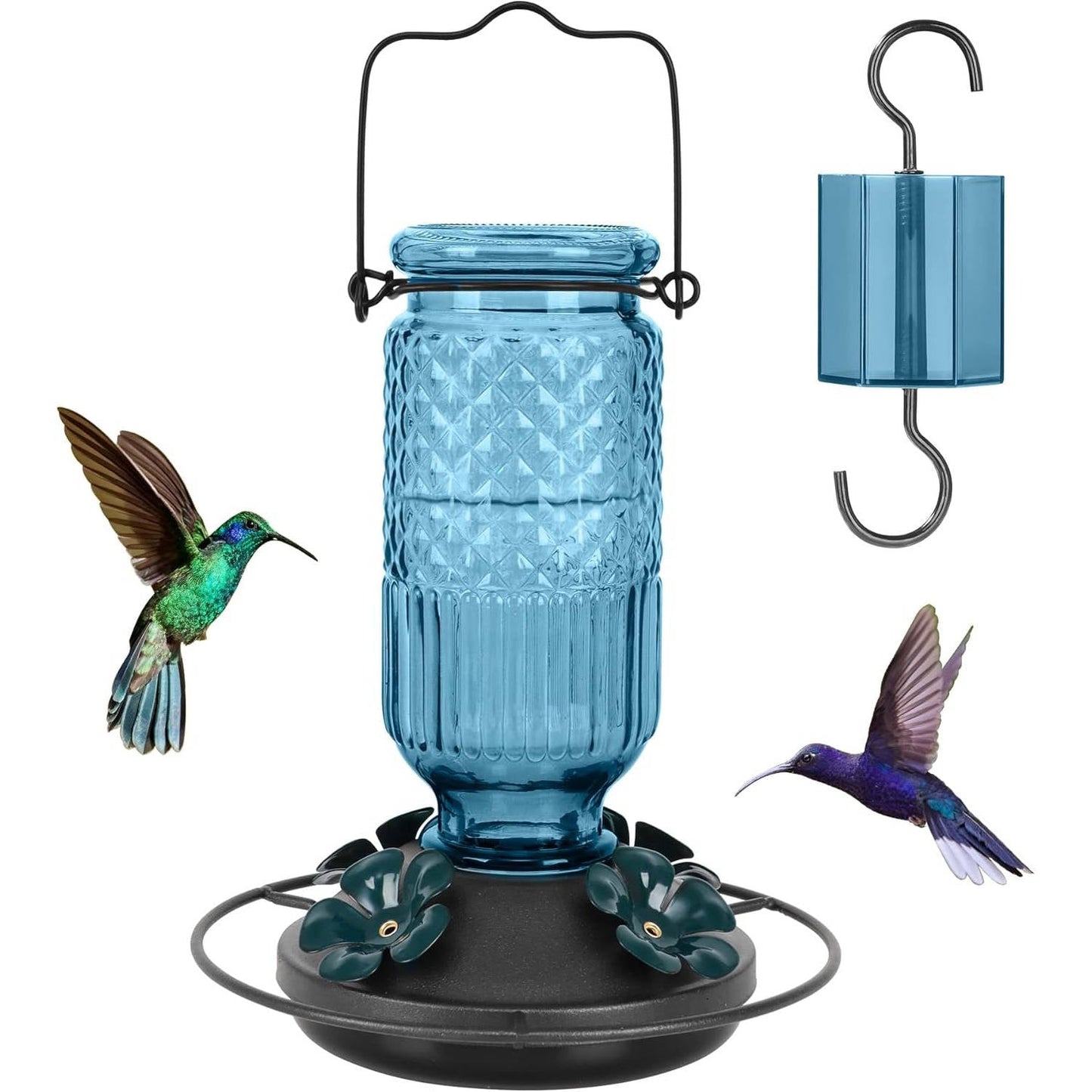 Hummingbird Feeder with Bee Guard Ports and Built-In Ant Moat, 16oz Glass