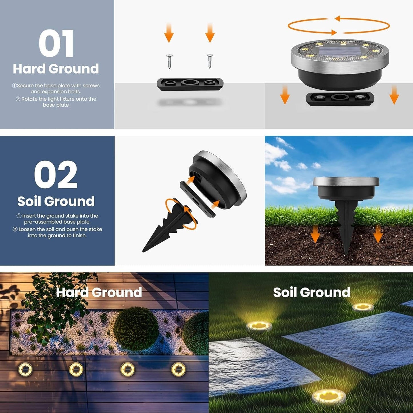 Solar Ground Lights 10 Pack with Dusk to Dawn Sensor and Stainless Steel Housing