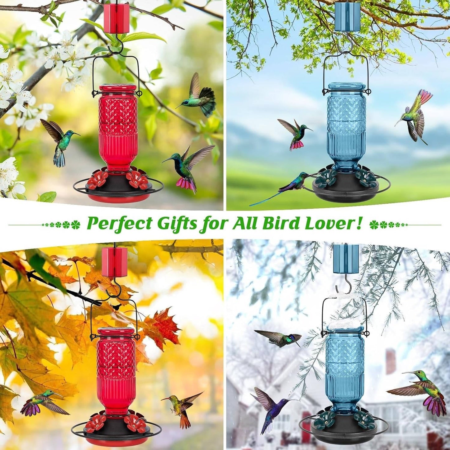 Hummingbird Feeder with Bee Guard Ports and Built-In Ant Moat, 16oz Glass