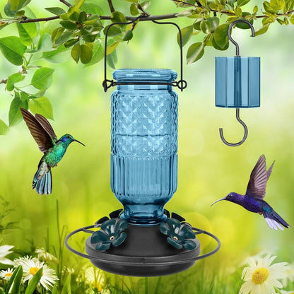 Hummingbird Feeder with Bee Guard Ports and Built-In Ant Moat, 16oz Glass
