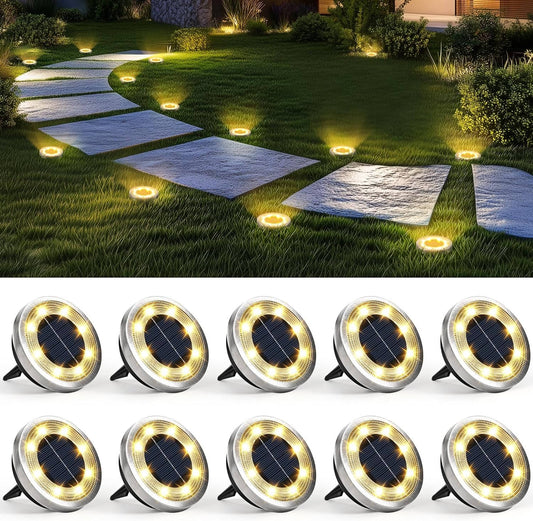 Solar Ground Lights 10 Pack with Dusk to Dawn Sensor and Stainless Steel Housing