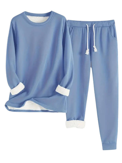 Fleece Lined Sweatsuit Set for Women with Crewneck Top and Drawstring Pants