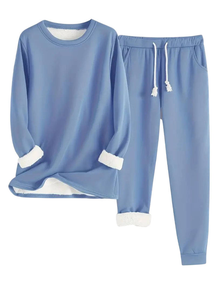 Fleece Lined Sweatsuit Set for Women with Crewneck Top and Drawstring Pants