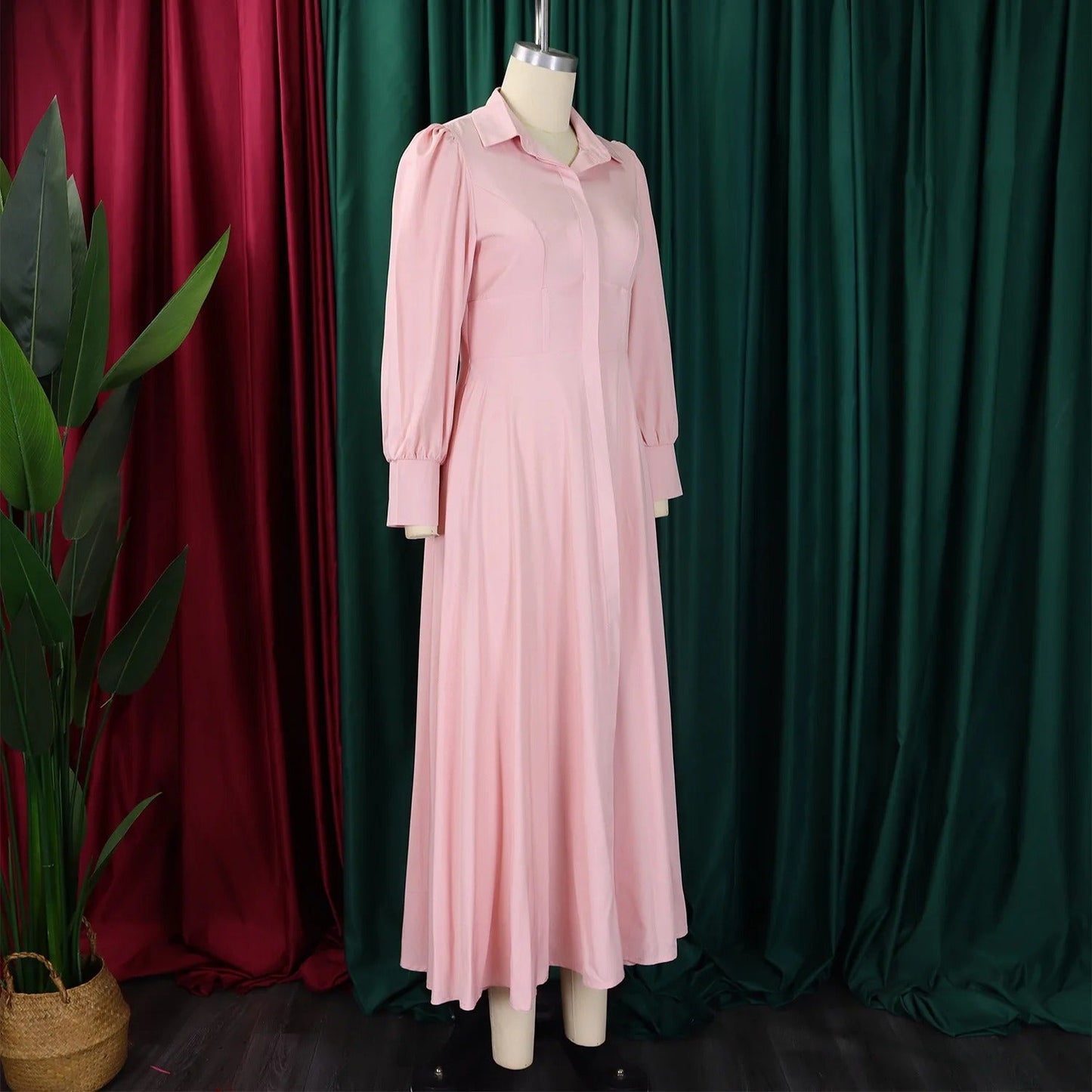 Women's Button-Front Maxi Dress - Puff Sleeve A-Line with Lapel Collar