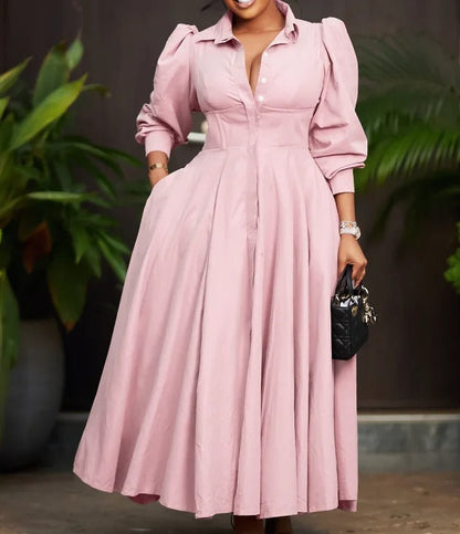 Women's Button-Front Maxi Dress - Puff Sleeve A-Line with Lapel Collar