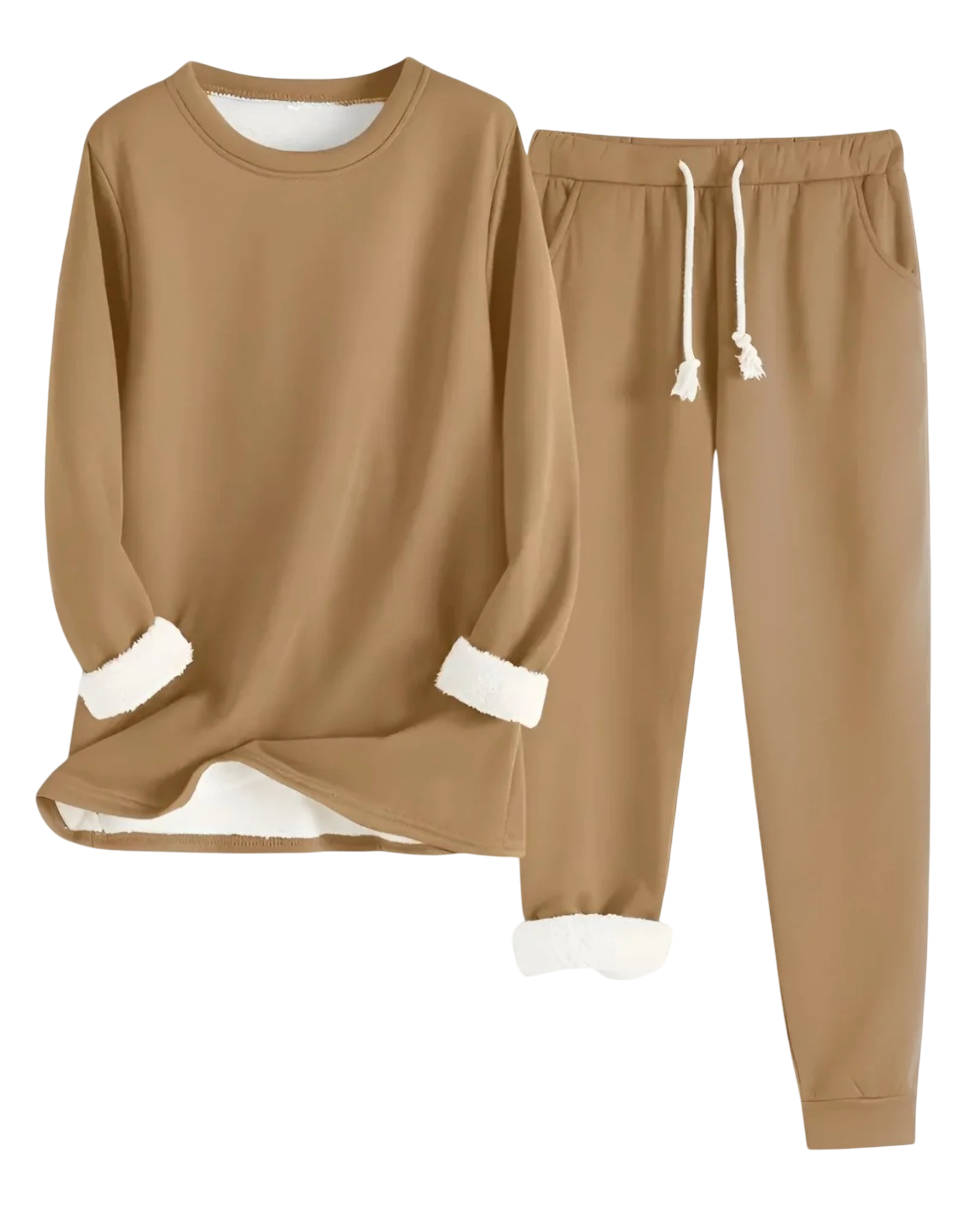 Fleece Lined Sweatsuit Set for Women with Crewneck Top and Drawstring Pants