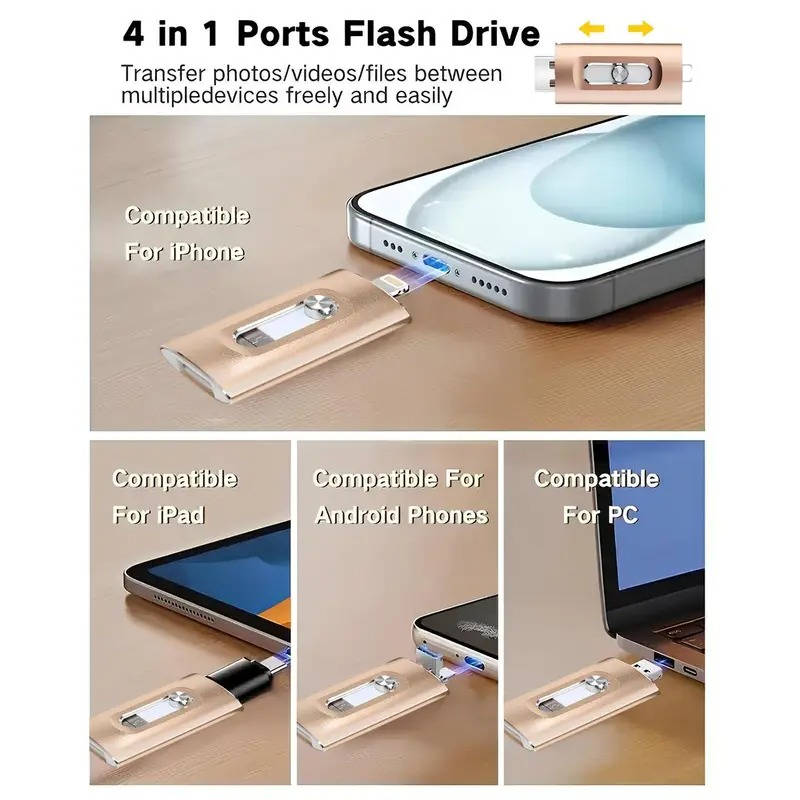 Multi Device Flash Drive with Triple Connectors and File Compression for Phones, Tablets, Computers