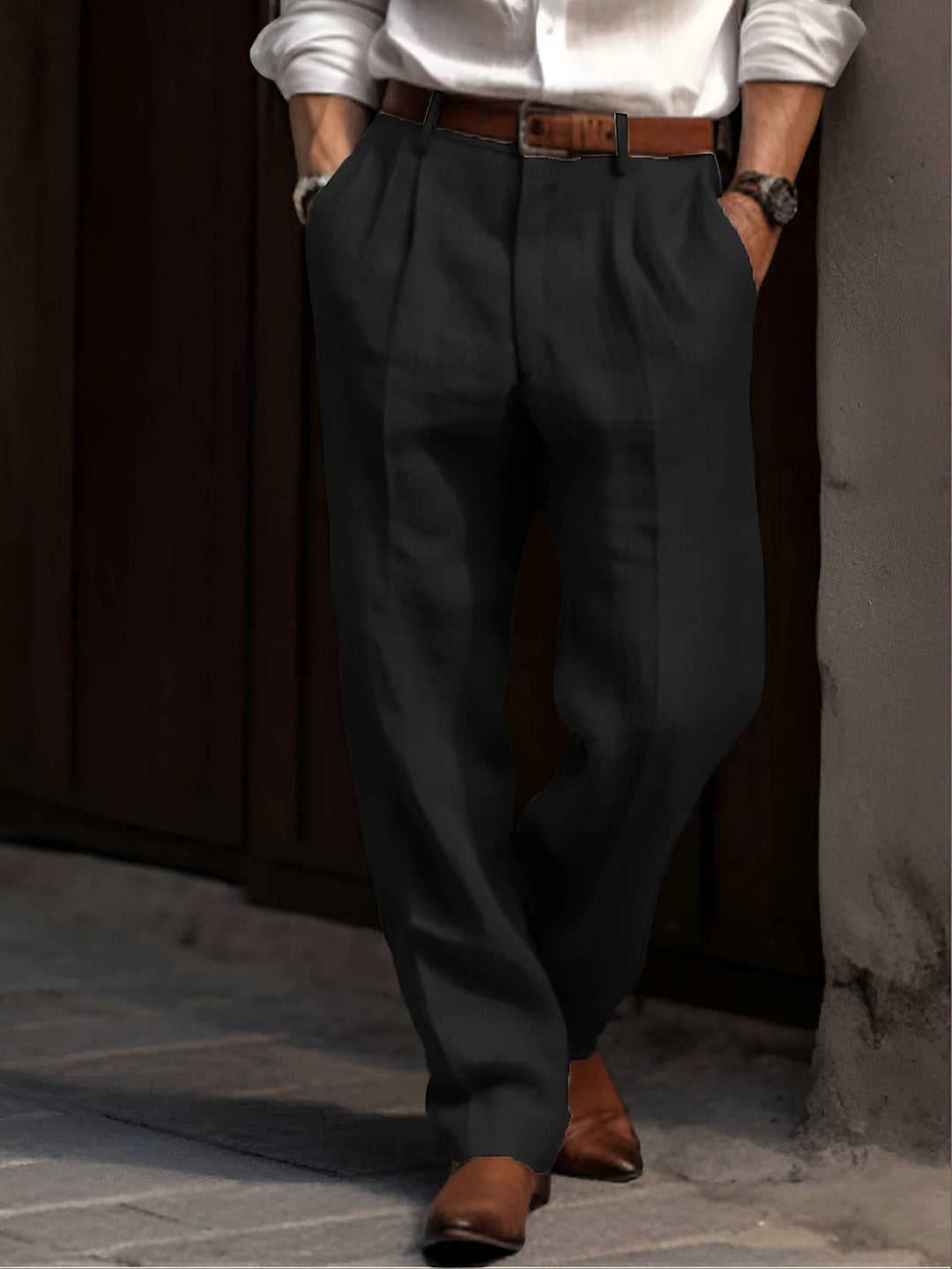 Pleated Linen Pants For Men Classic Lightweight Breathable Summer Tailored