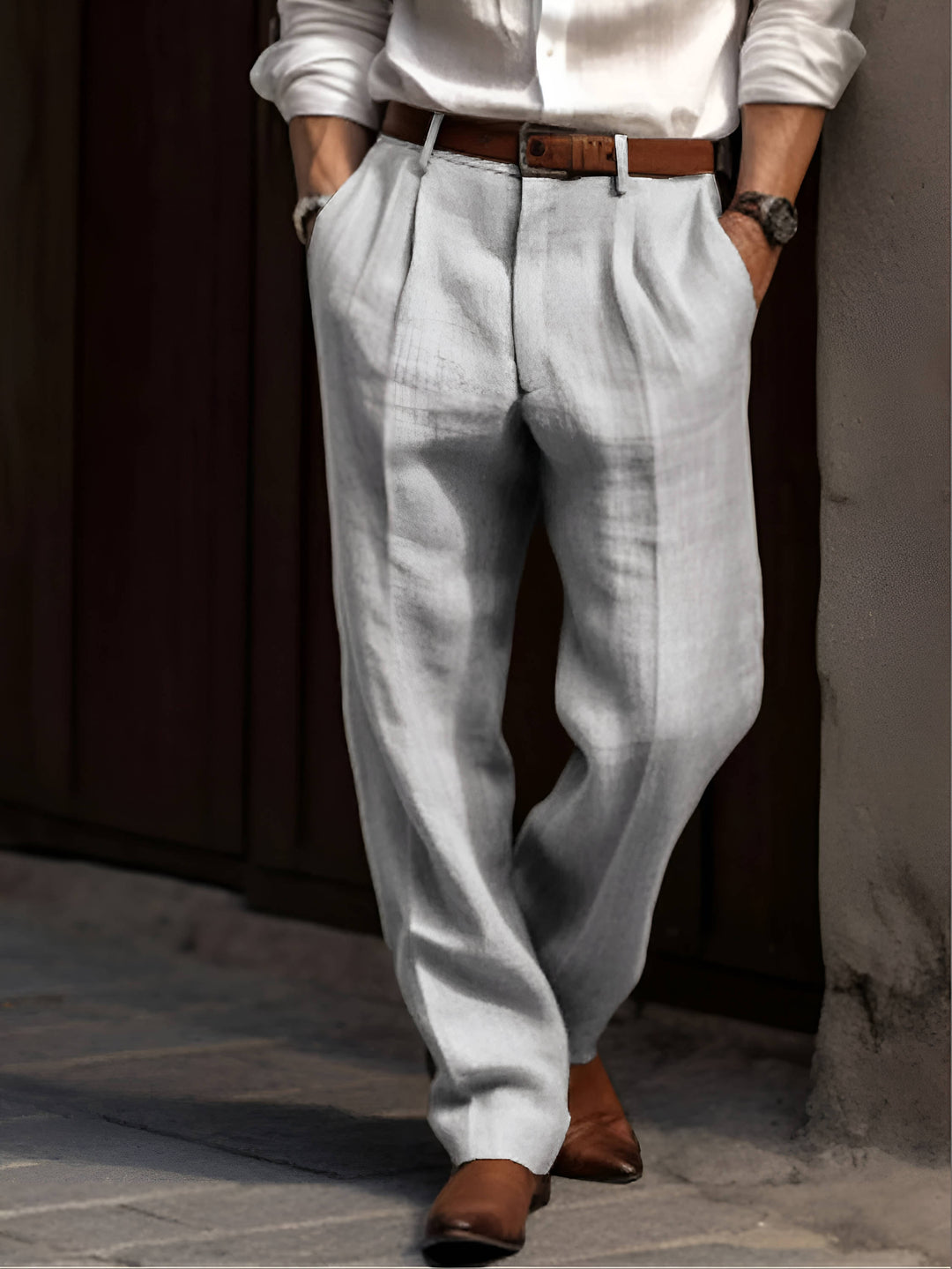 Pleated Linen Pants For Men Classic Lightweight Breathable Summer Tailored