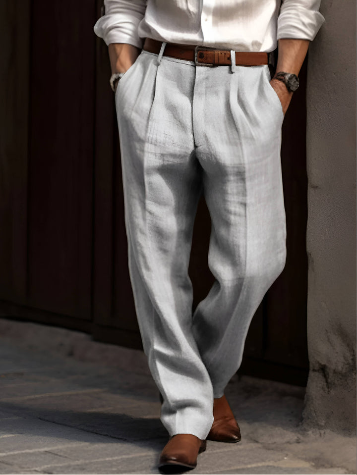 Pleated Linen Pants For Men Classic Lightweight Breathable Summer Tailored