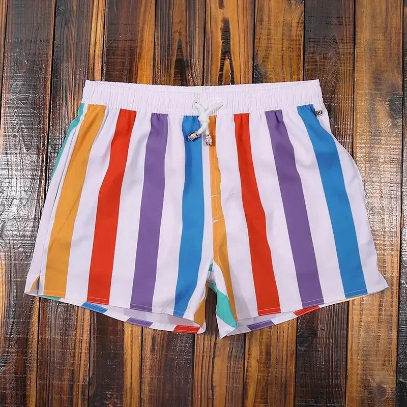 Men's Swim Shorts with Striped Pattern and Mesh Liner 3 Pockets