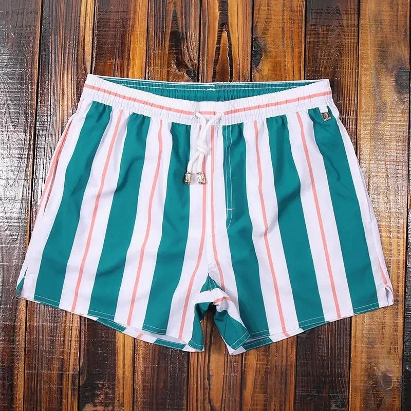 Men's Swim Shorts with Striped Pattern and Mesh Liner 3 Pockets